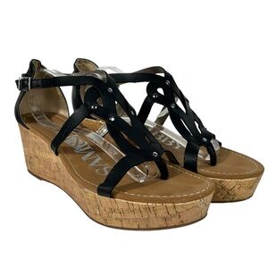 Sam & Libby Black Silver Studded Cork Platform Wedge Buckle Ankle Sandals 8.5